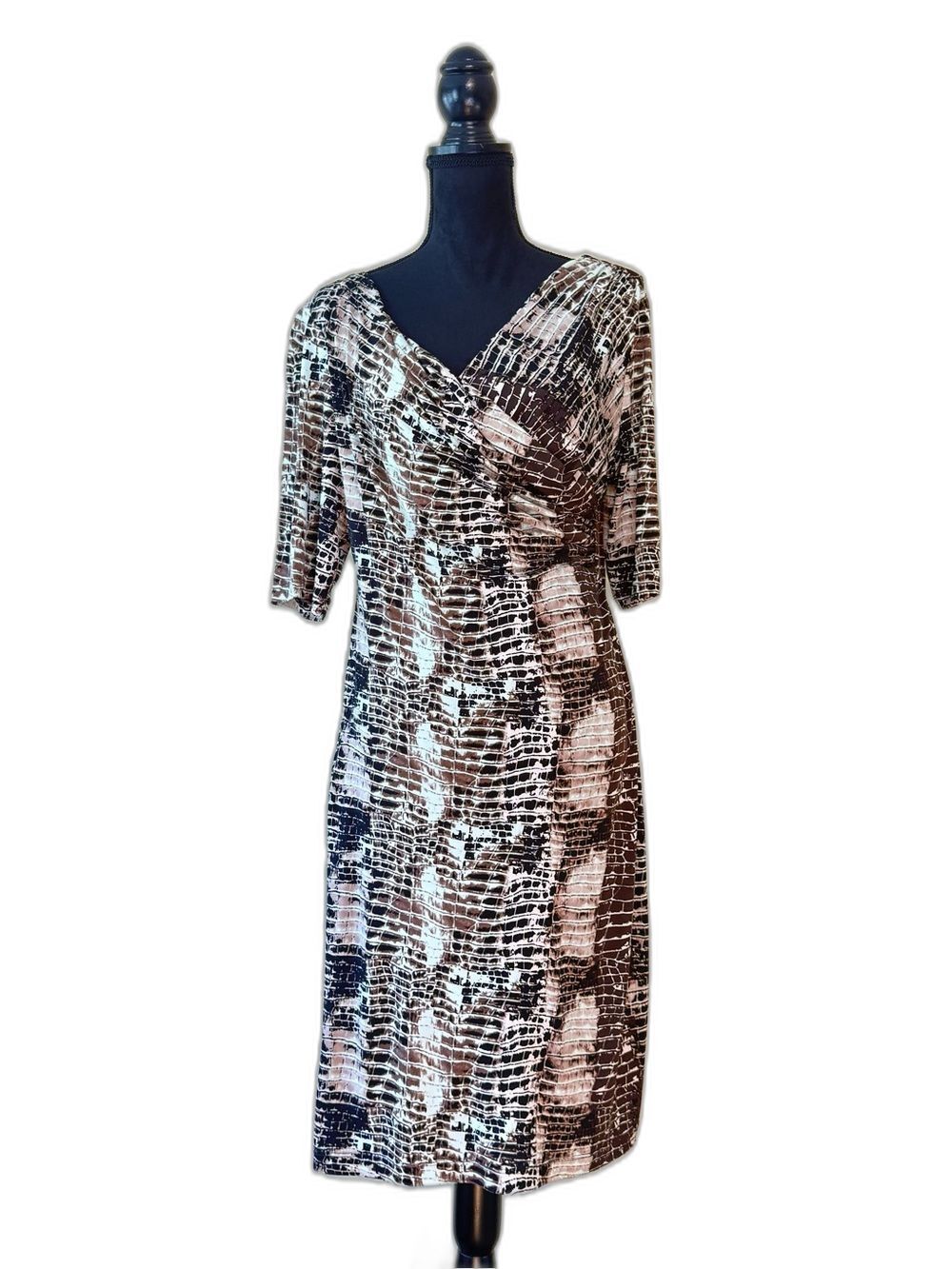Connected Apparel Women's Size Faux Wrap Dress Animal Abstract Brown Tan